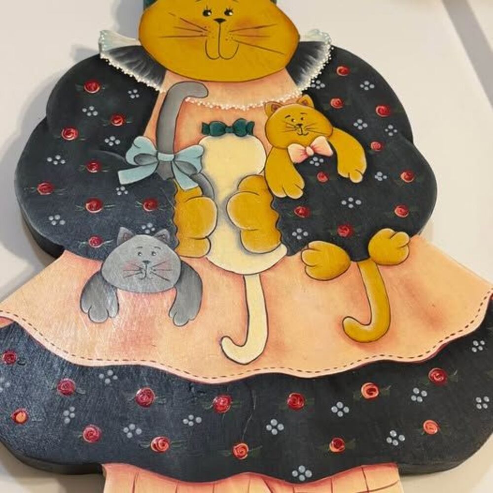 Vintage Jon White Signed Hand-Painted Wooden Folk Art Cat Mother Plaque